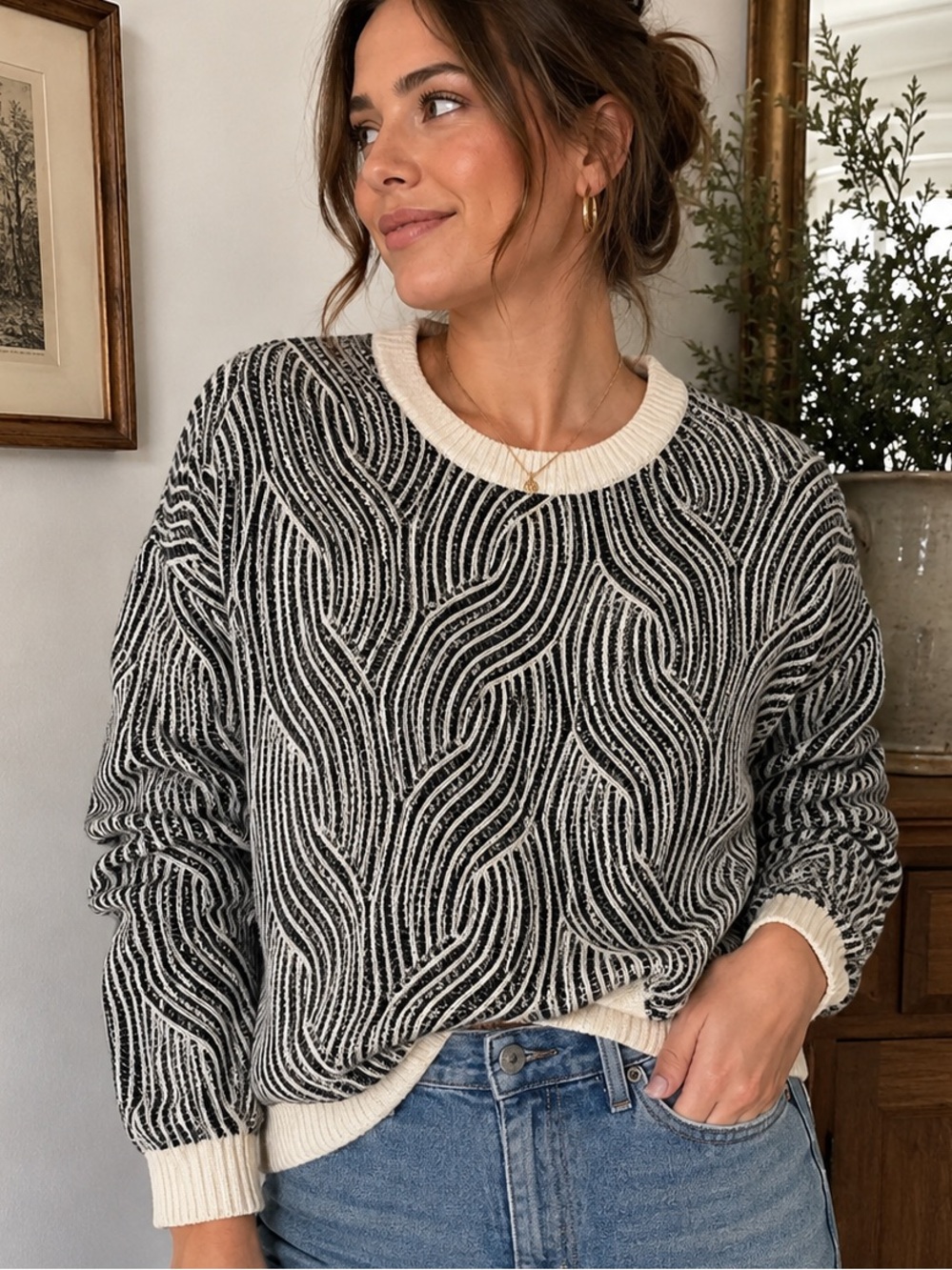 Black and cream Patterned Women's Sweater